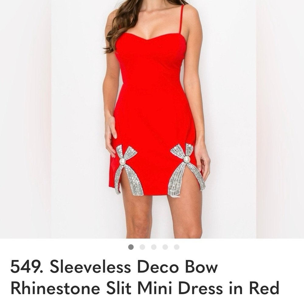 Sleeveless Deco Bow Rhinestone Slit Mini Dress in Red